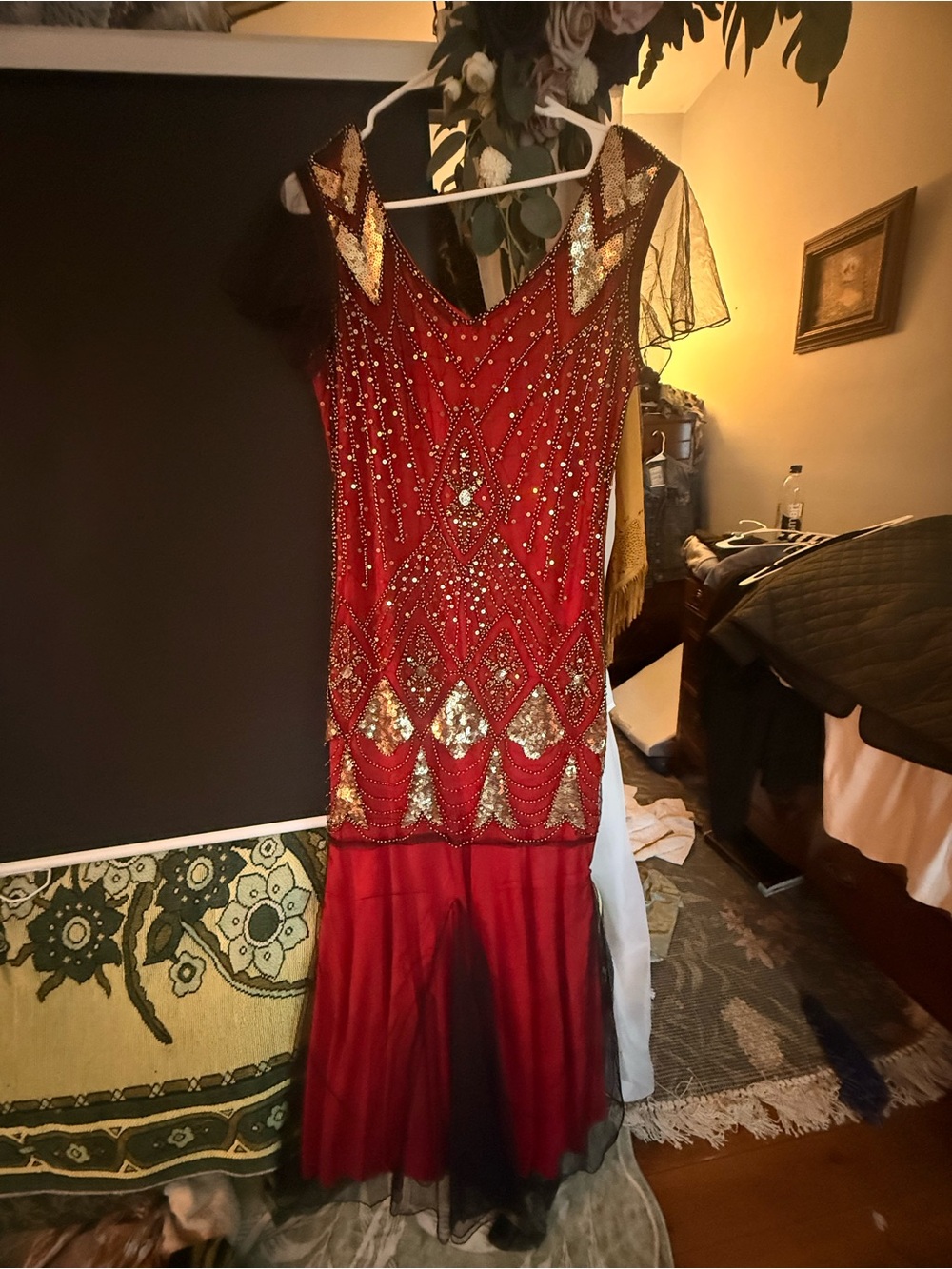 Beaded Red Evening Dress with Gold Accents